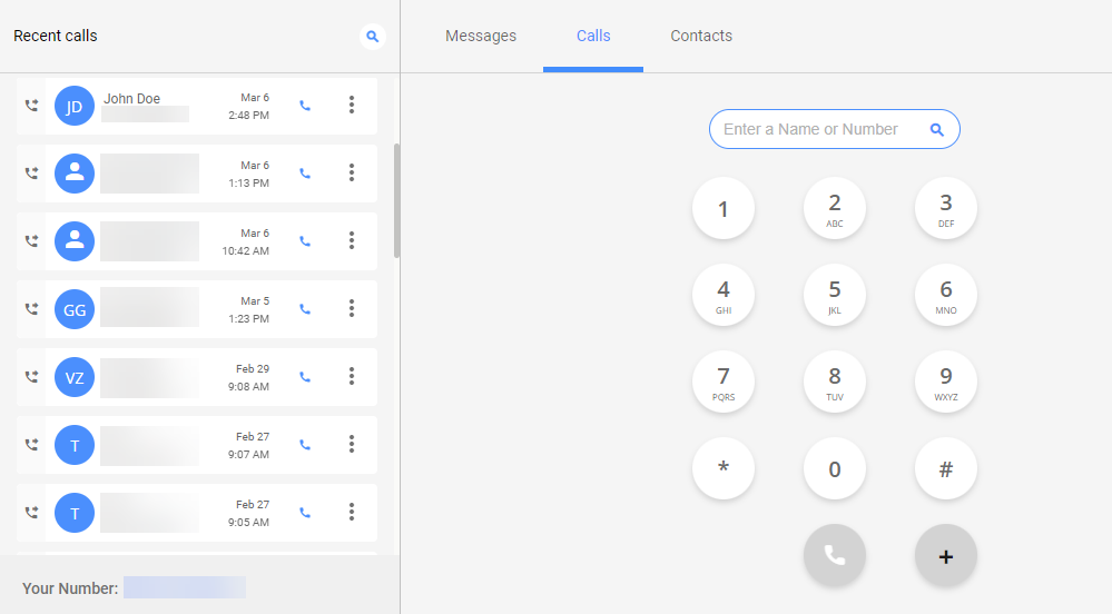 The Recent Calls page displays previous calls on the left and the dial pad on the right